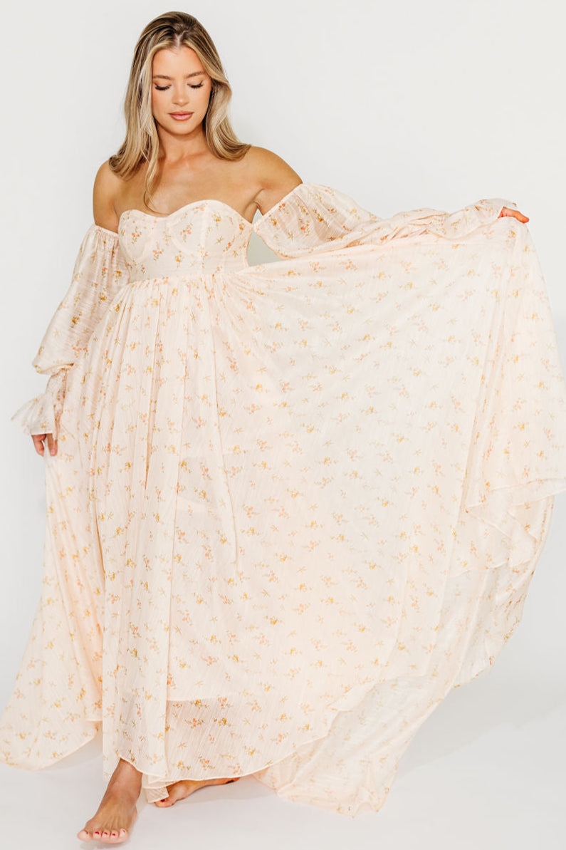 Delilah Maxi Dress with Train in Peach - Bump Friendly (XS-3XL)