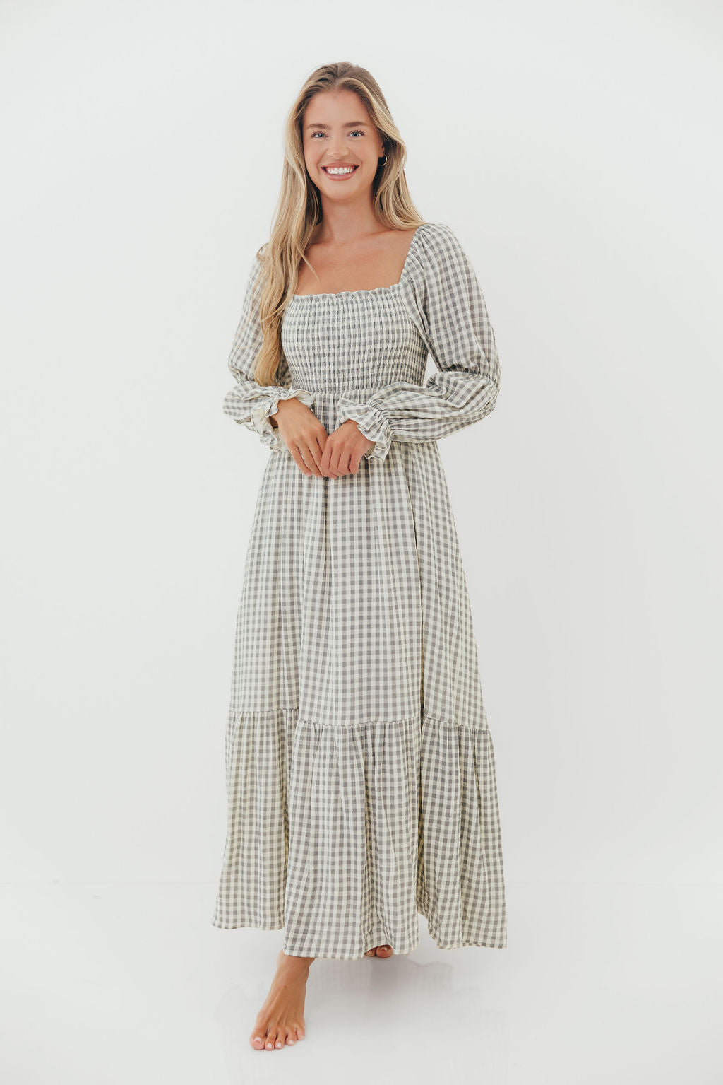 Emerson 100% Cotton Smocked Maxi Dress with Long Sleeves in Gray Sky - Bump Friendly