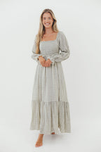 Emerson 100% Cotton Smocked Maxi Dress with Long Sleeves in Gray Sky - Bump Friendly