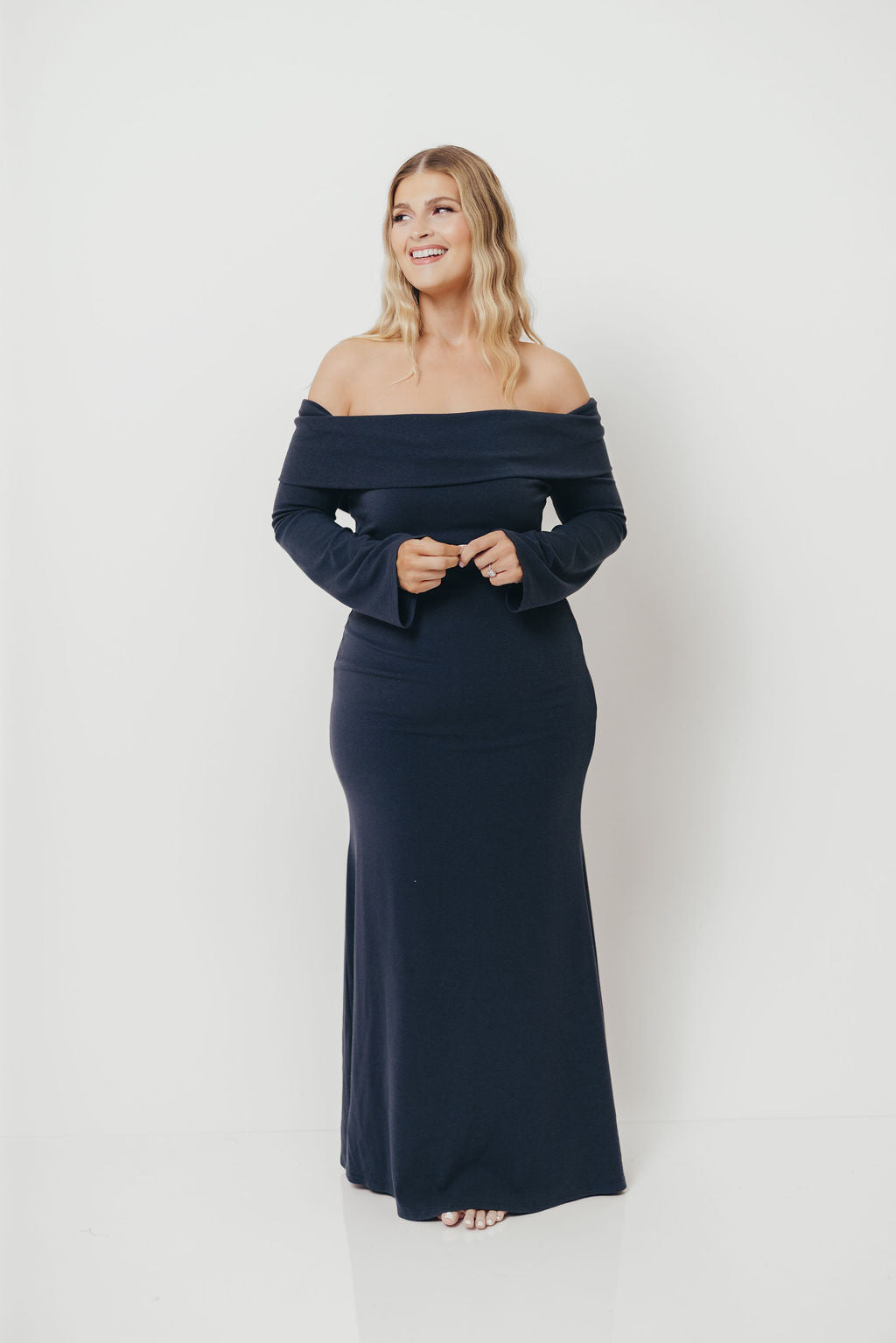 Monroe Maxi Dress with Long Sleeves in Dusty Navy- Bump Friendly