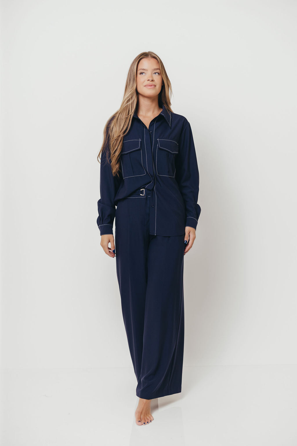 Greer Contrast Stitch Belted Trousers in Midnight Blue *Final Sale*