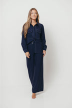 Greer Contrast Stitch Belted Trousers in Midnight Blue *Final Sale*