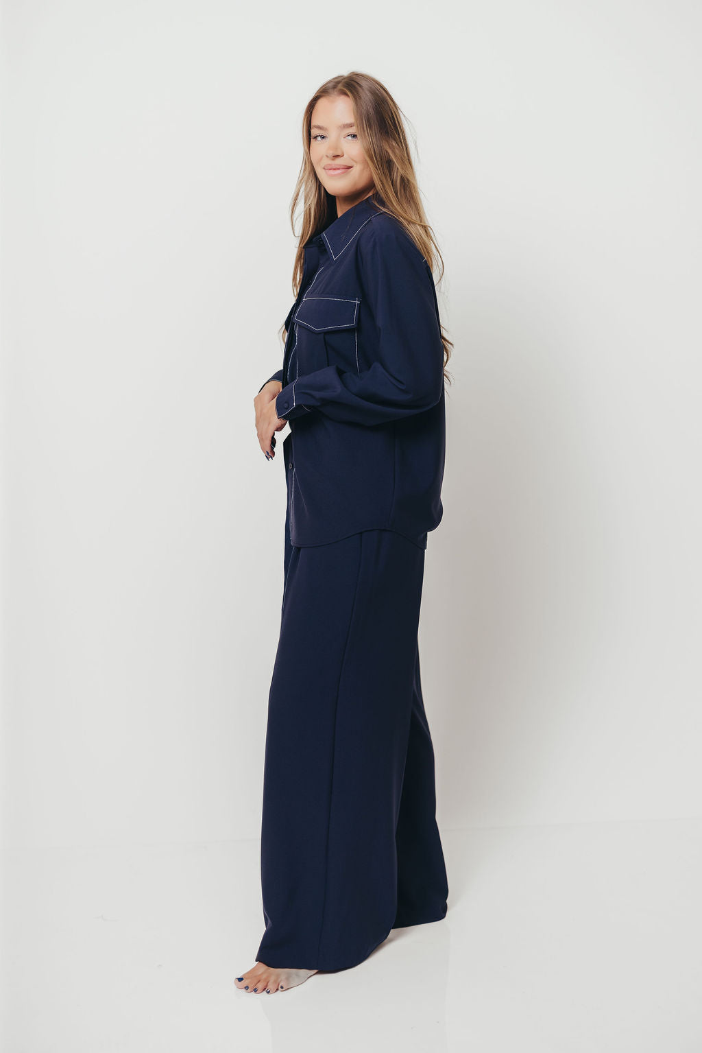 Greer Contrast Stitch Belted Trousers in Midnight Blue *Final Sale*