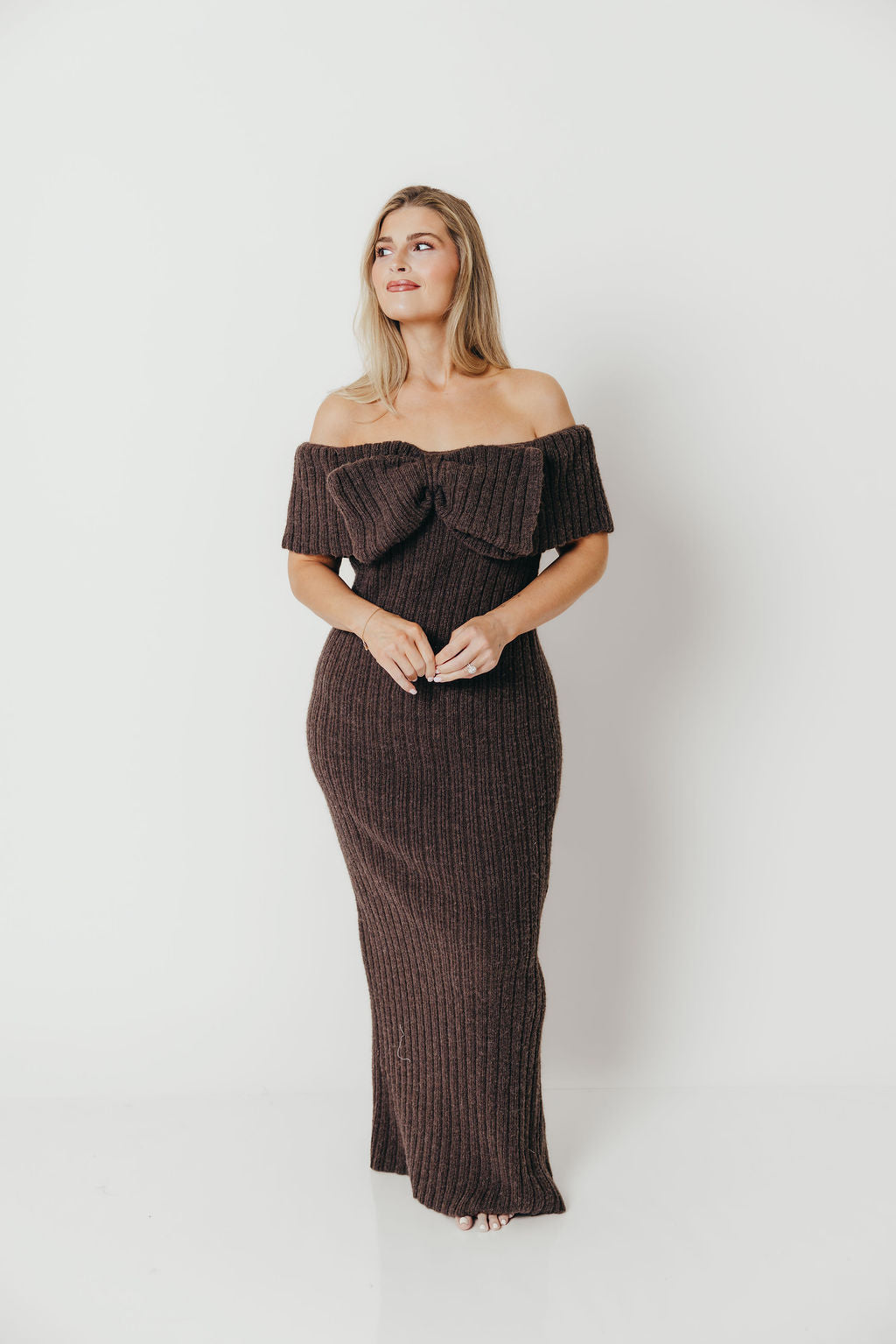 Aston Bow Front Maxi Sweater Dress in Charcoal Brown - Bump Friendly