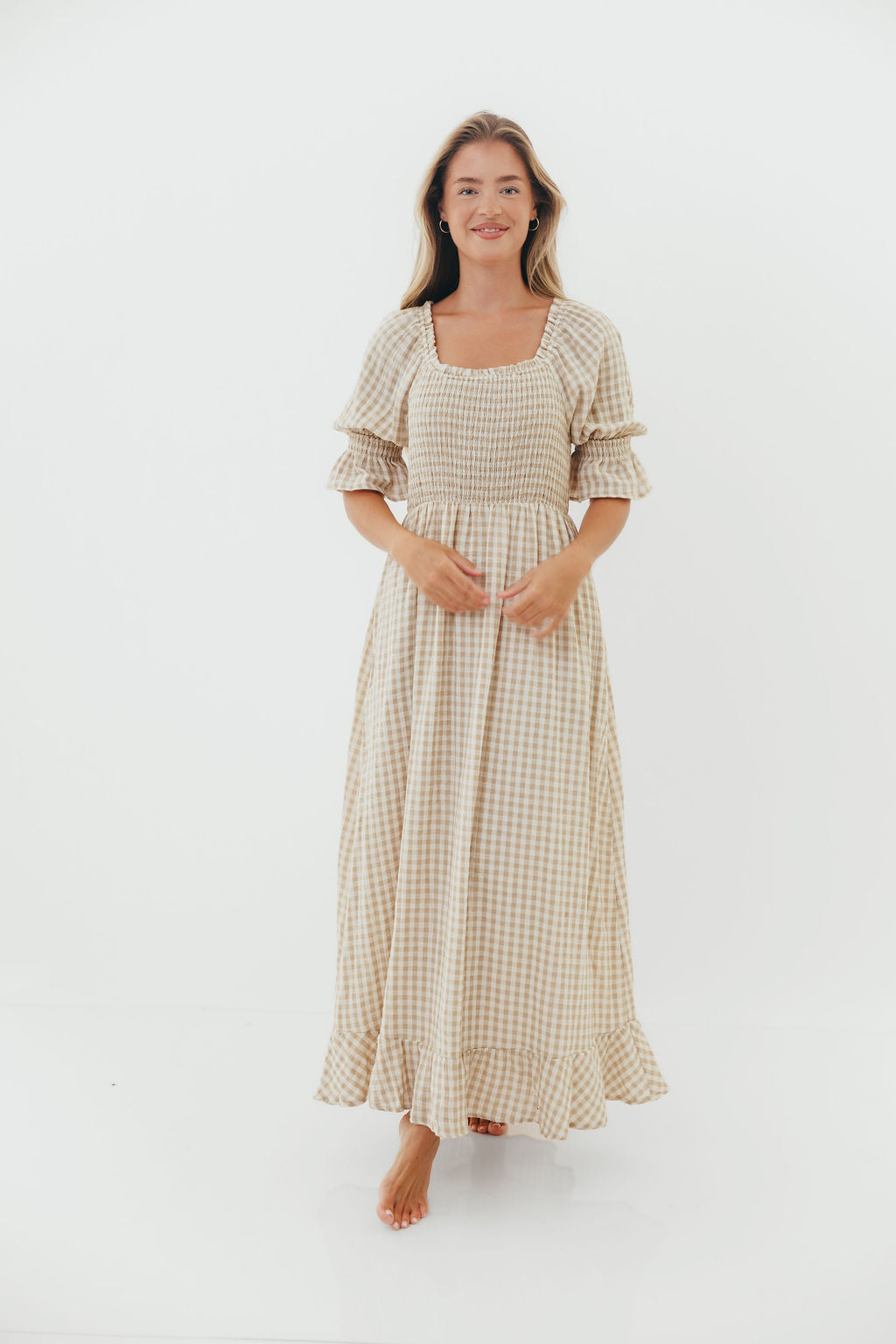 Sienna 100% Cotton Puff Sleeve Maxi Dress in Natural Plaid - Bump Friendly *12/22 PRE-ORDER*