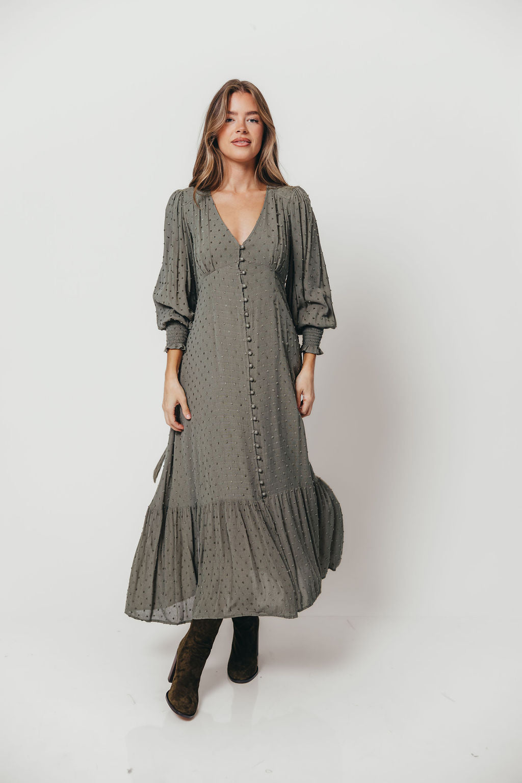 Kathani Swiss Dot Button Down Maxi Dress in Dusty Olive