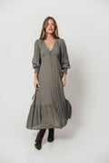 Kathani Swiss Dot Button Down Maxi Dress in Dusty Olive