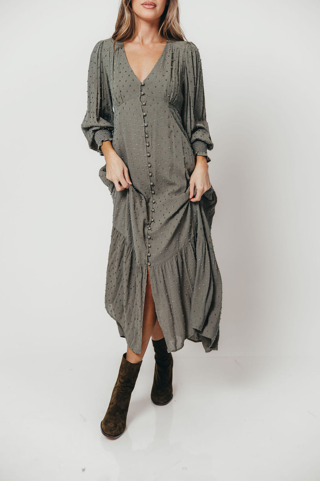 Kathani Swiss Dot Button Down Maxi Dress in Dusty Olive