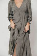 Kathani Swiss Dot Button Down Maxi Dress in Dusty Olive