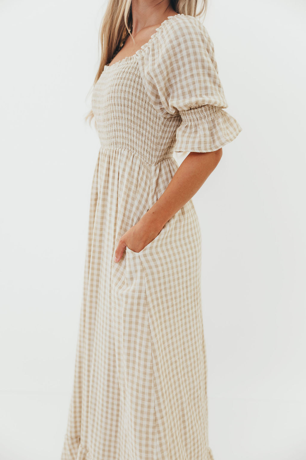 Sienna 100% Cotton Puff Sleeve Maxi Dress in Natural Plaid - Bump Friendly *12/22 PRE-ORDER*