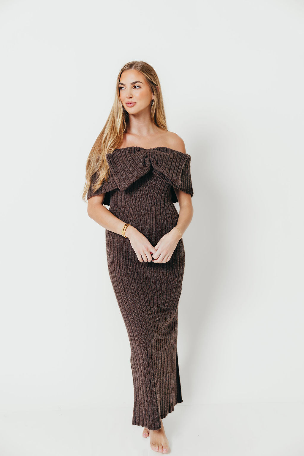 Aston Bow Front Maxi Sweater Dress in Charcoal Brown - Bump Friendly