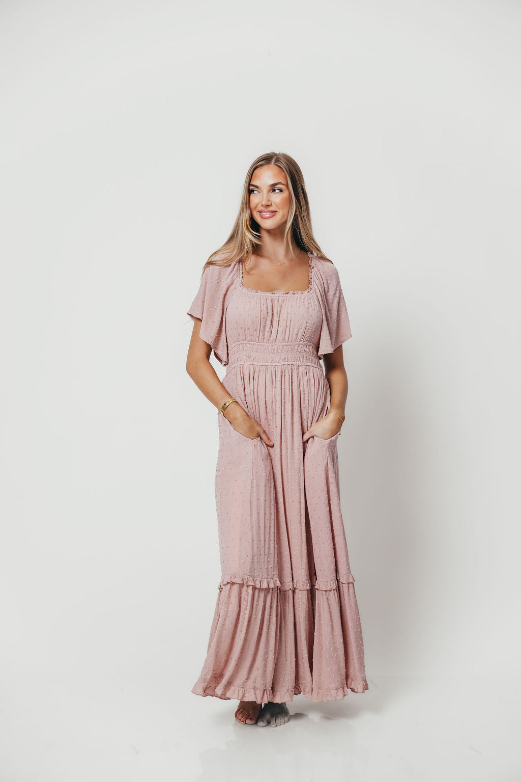 Sasha Swiss Dot Flutter Sleeve Maxi Dress in Tea Rose