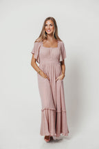 Sasha Swiss Dot Flutter Sleeve Maxi Dress in Tea Rose