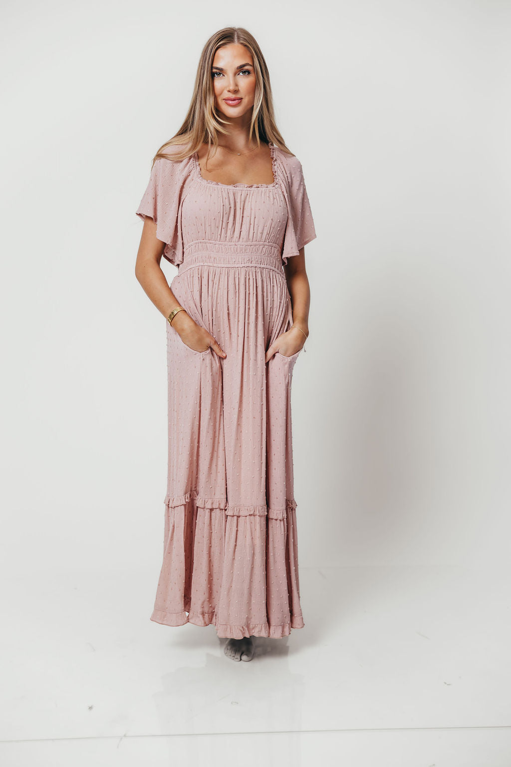 Sasha Swiss Dot Flutter Sleeve Maxi Dress in Tea Rose