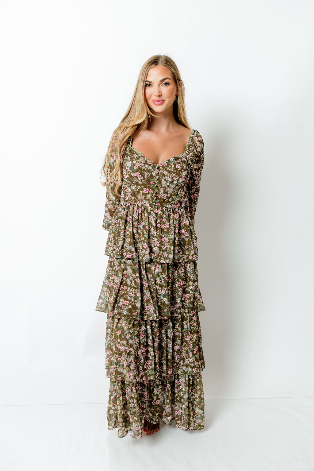 Shailene Tiered Floral Bustier Maxi Dress in Olive