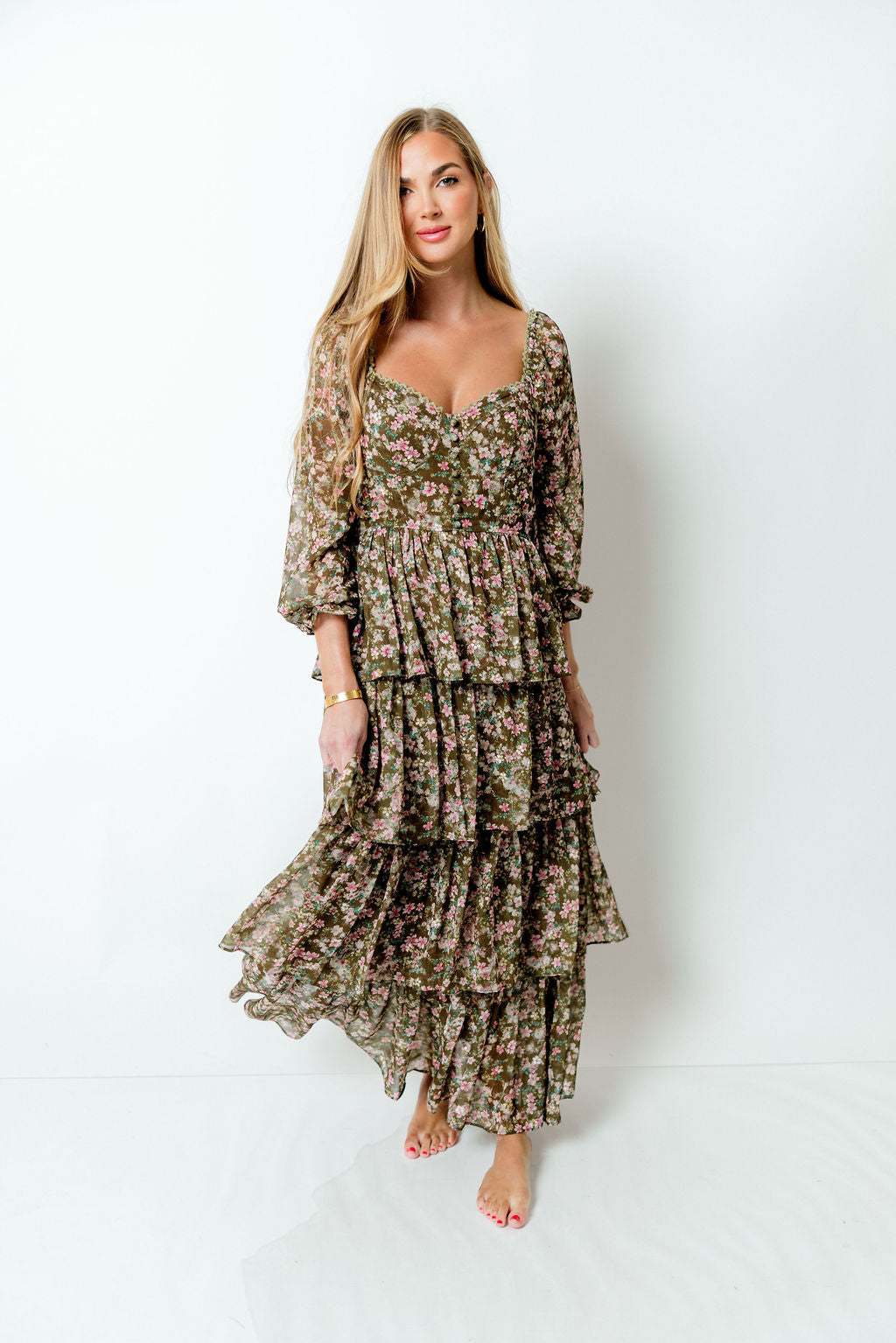 Shailene Tiered Floral Bustier Maxi Dress in Olive