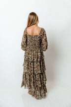 Shailene Tiered Floral Bustier Maxi Dress in Olive