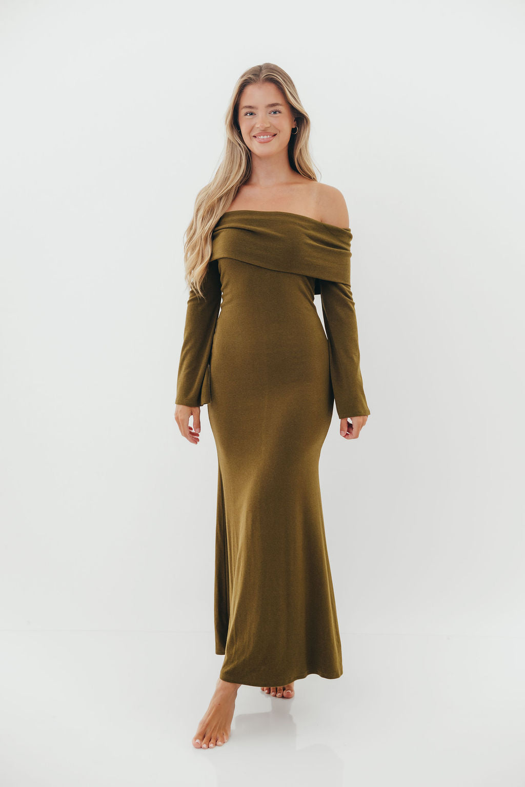 Monroe Maxi Dress with Long Sleeves in Olive Green- Bump Friendly *Final Sale*