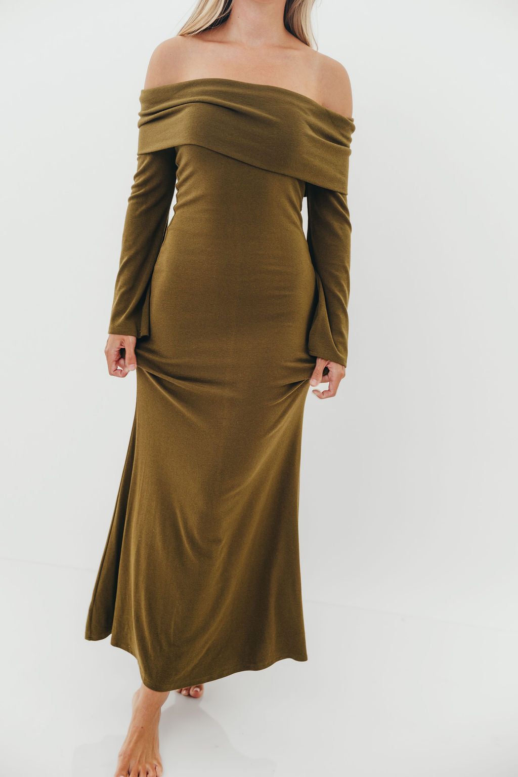 Monroe Maxi Dress with Long Sleeves in Olive Green- Bump Friendly *Final Sale*