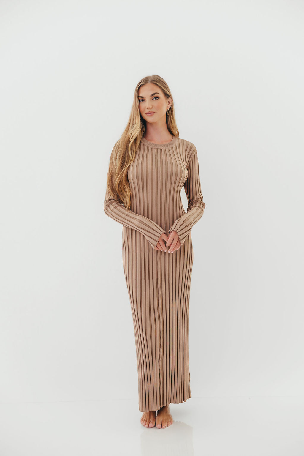 Colette Premium Long Sleeved Ribbed Knit Maxi Dress in Dark Natural - Bump Friendly *Final Sale*