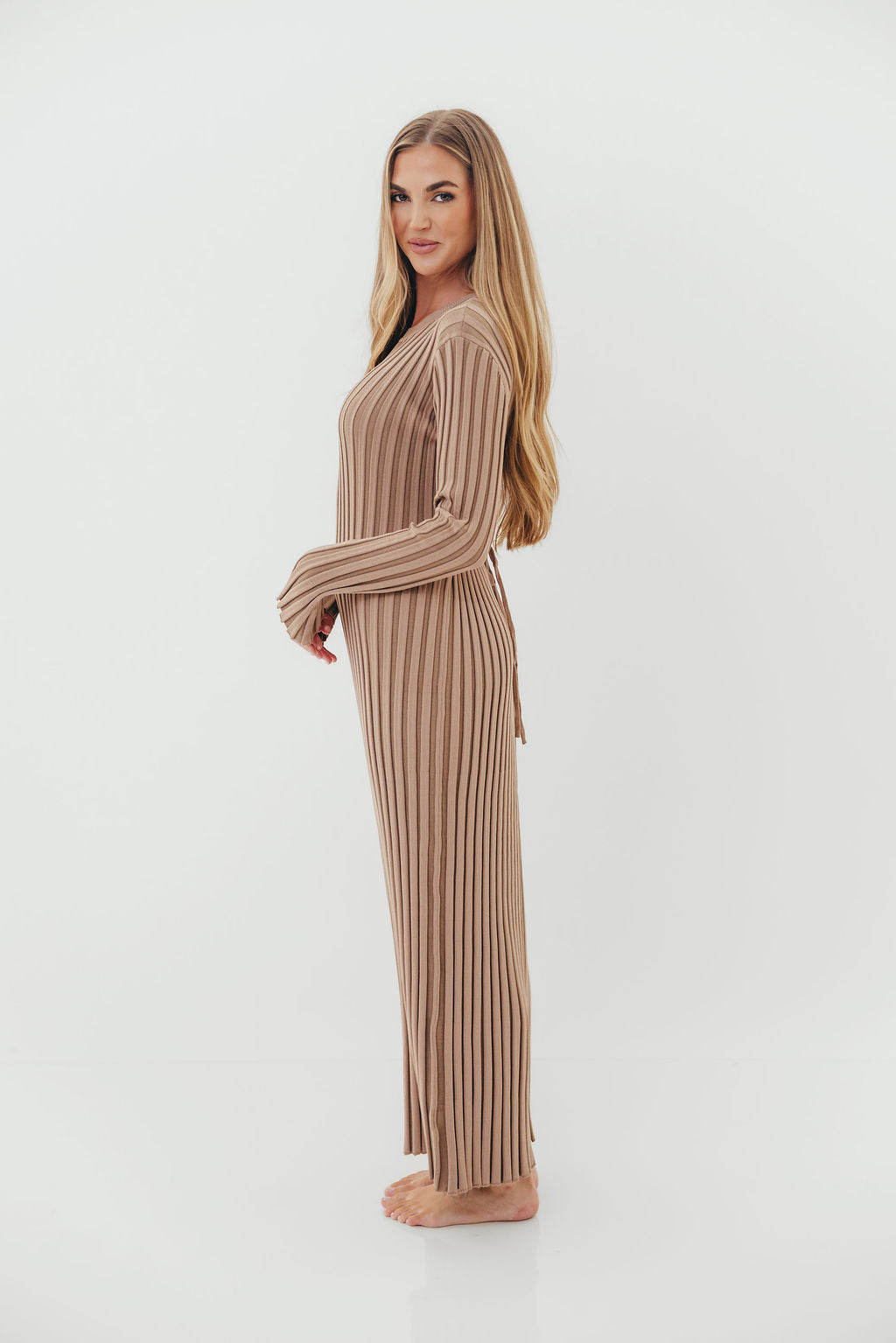 Colette Premium Long Sleeved Ribbed Knit Maxi Dress in Dark Natural - Bump Friendly *Final Sale*