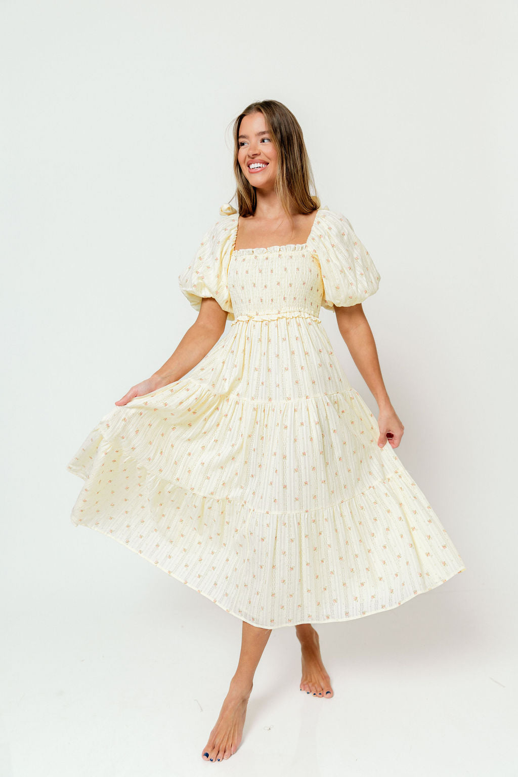 Elena 100% Cotton Midi Dress in Butter Floral - Bump Friendly - *1/9 PRE-ORDER*