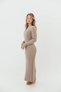 Colette Premium Long Sleeved Ribbed Knit Maxi Dress in Stone - Bump Friendly *Final Sale*