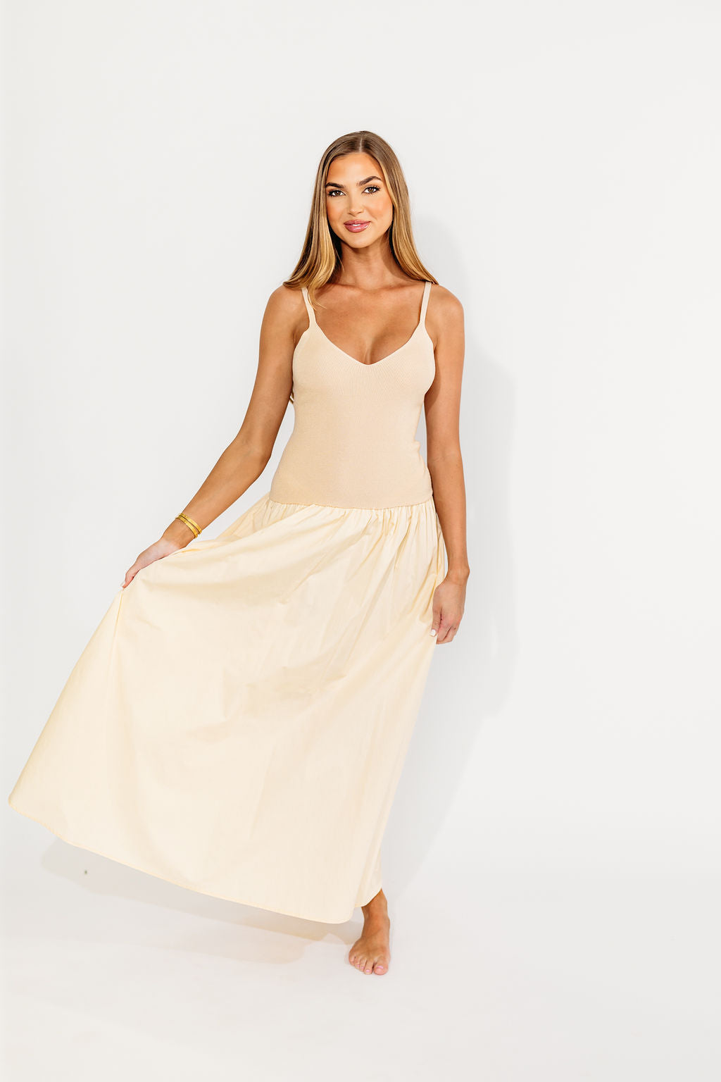 Gaby V-Neck Mixed Media Maxi Dress in Cream *Final-Sale*