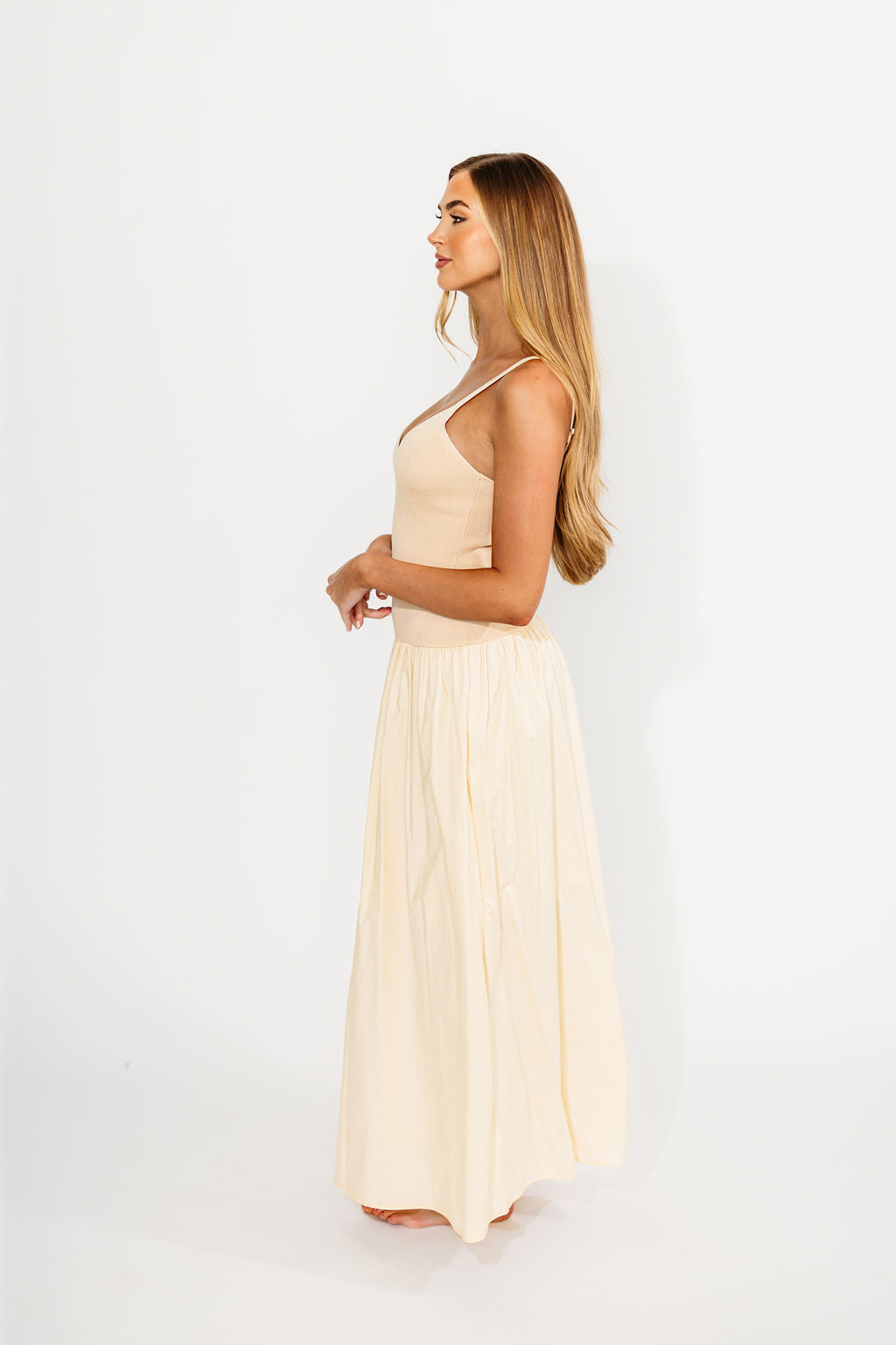 Gaby V-Neck Mixed Media Maxi Dress in Cream *Final-Sale*