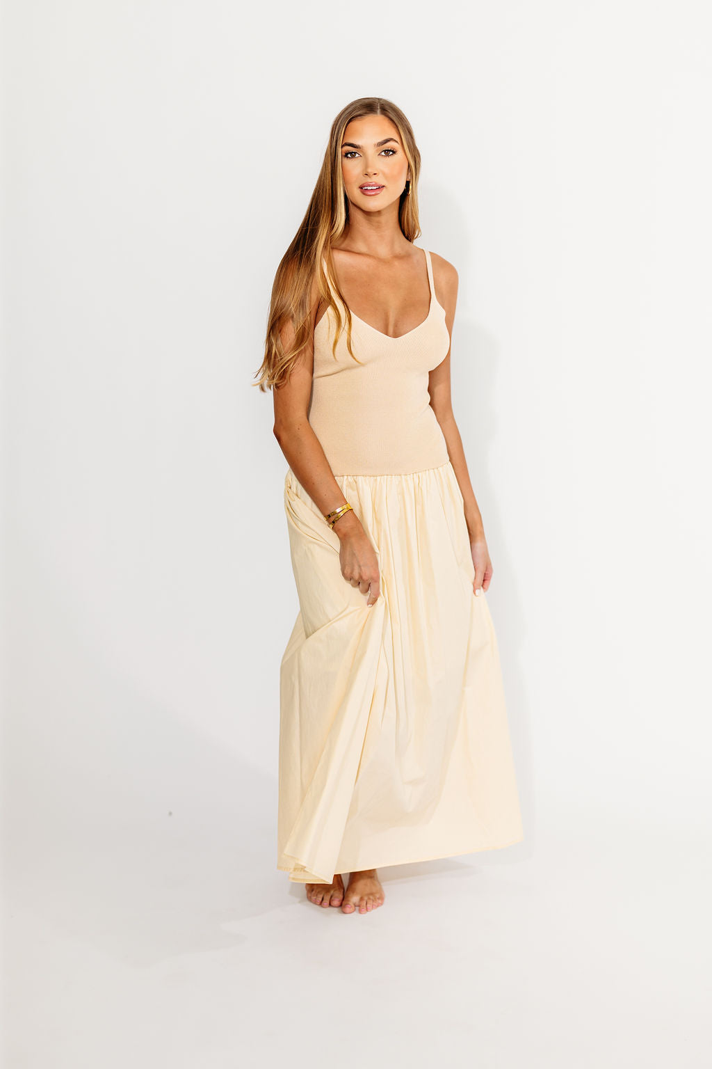 Gaby V-Neck Mixed Media Maxi Dress in Cream *Final-Sale*