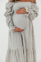 Emerson 100% Cotton Smocked Maxi Dress with Long Sleeves in Gray Sky - Bump Friendly