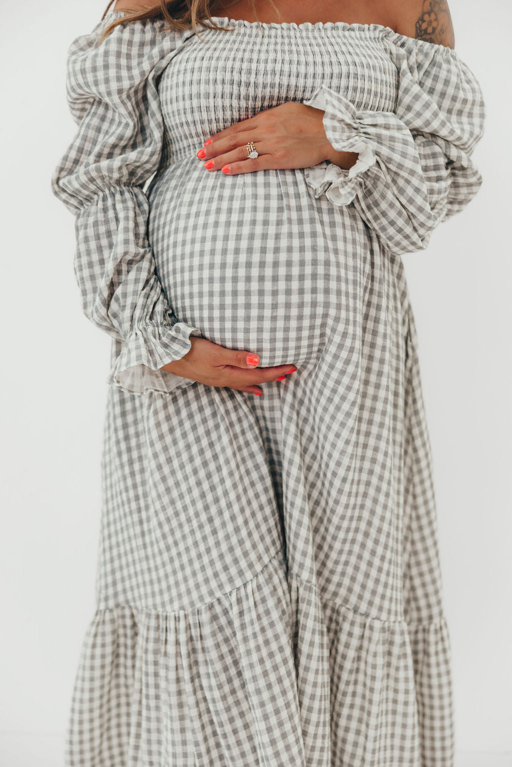 Emerson 100% Cotton Smocked Maxi Dress with Long Sleeves in Gray Sky - Bump Friendly
