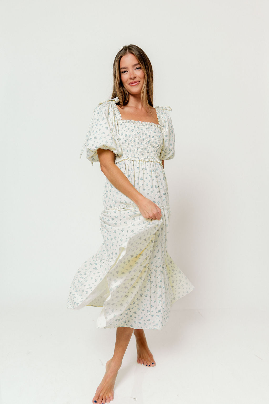 Elena 100% Cotton Midi Dress in Cream/Blue Tiny Floral - Bump Friendly & Inclusive Sizing - *1/5 PRE-ORDER*