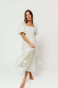Elena 100% Cotton Midi Dress in Cream/Blue Tiny Floral - Bump Friendly & Inclusive Sizing - *1/5 PRE-ORDER*