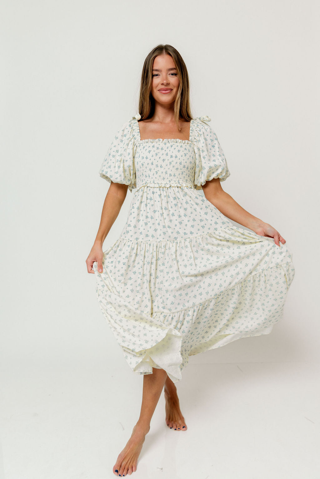 Elena 100% Cotton Midi Dress in Cream/Blue Tiny Floral - Bump Friendly & Inclusive Sizing - *1/5 PRE-ORDER*