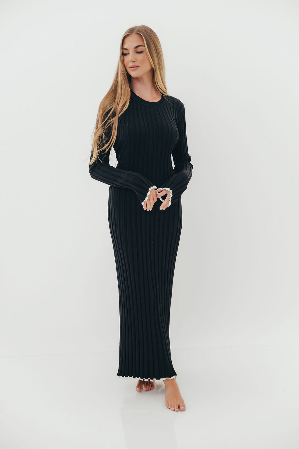 Bentley Ribbed Knit Maxi Dress in Black with White Trim - Bump Friendly *Final Sale*