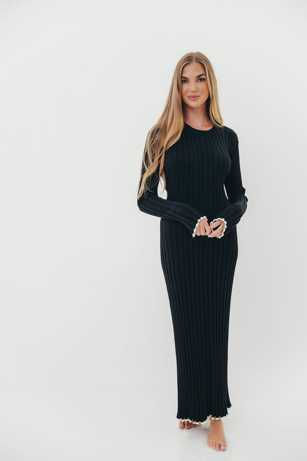 Bentley Ribbed Knit Maxi Dress in Black with White Trim - Bump Friendly *Final Sale*