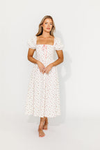 Charlotte Cotton Puff Sleeve Midi Dress in Cream/Pink Floral
