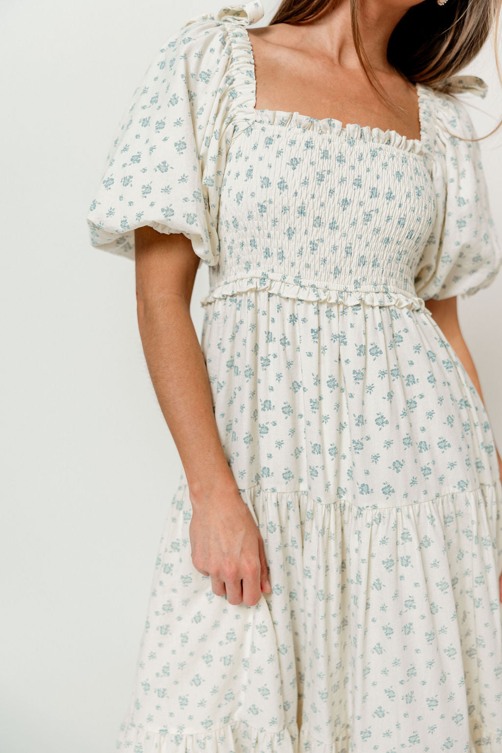 Elena 100% Cotton Midi Dress in Cream/Blue Tiny Floral - Bump Friendly & Inclusive Sizing - *1/5 PRE-ORDER*