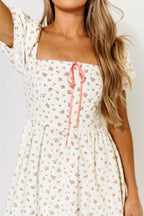 Charlotte Cotton Puff Sleeve Midi Dress in Cream/Pink Floral