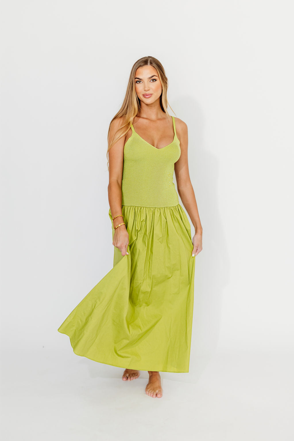 Gaby V-Neck Sleeveless Mixed Media Maxi Dress in Green *Final-Sale*
