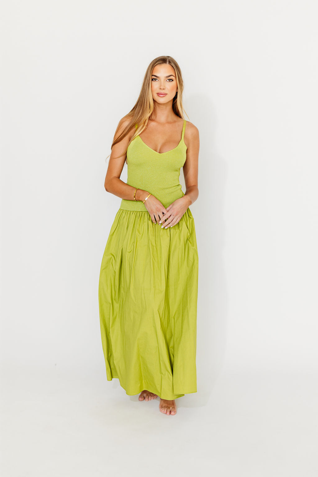 Gaby V-Neck Sleeveless Mixed Media Maxi Dress in Green *Final-Sale*