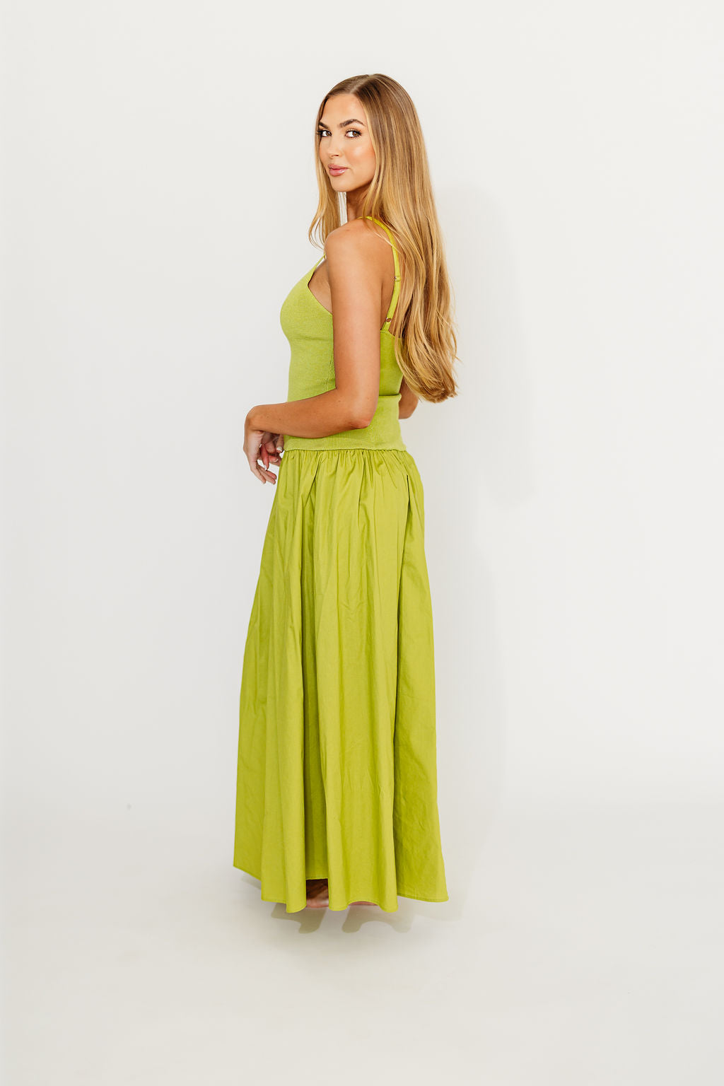 Gaby V-Neck Sleeveless Mixed Media Maxi Dress in Green *Final-Sale*
