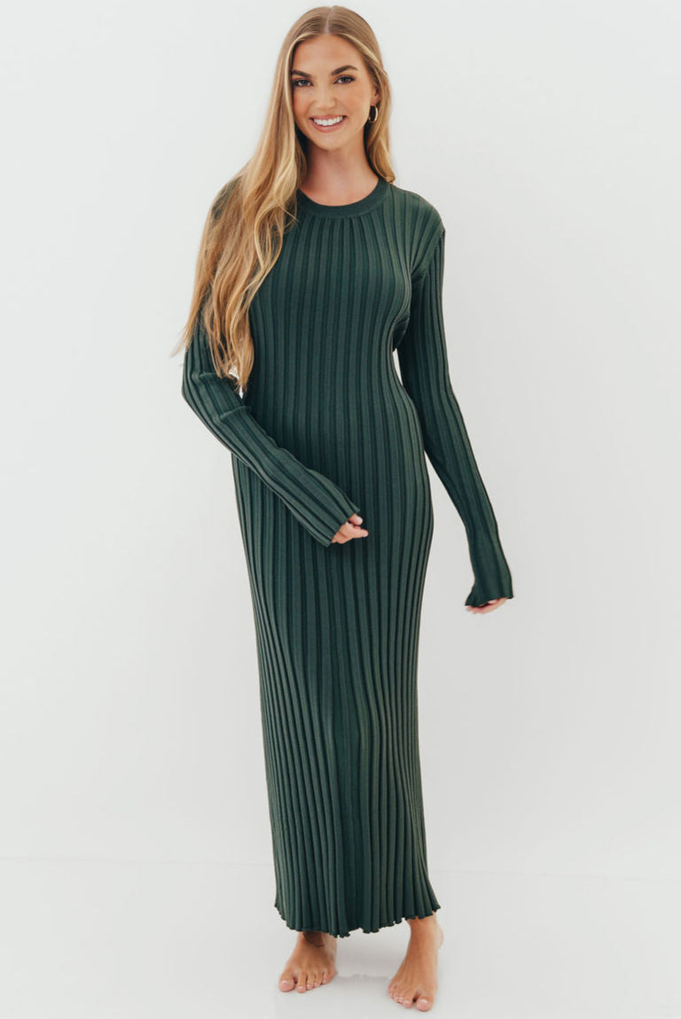 Colette Premium Long Sleeved Ribbed Knit Maxi Dress in Green - Bump Friendly *Final Sale*