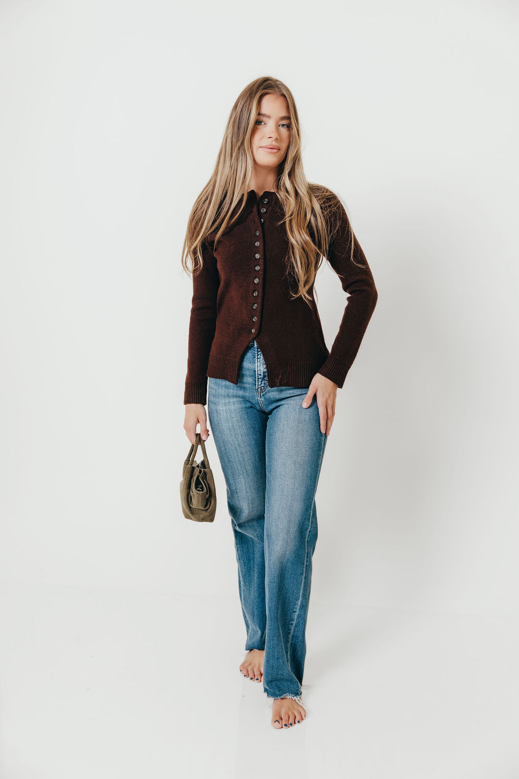 Priya Cardigan Top with Front Slit in Brown *Final Sale*