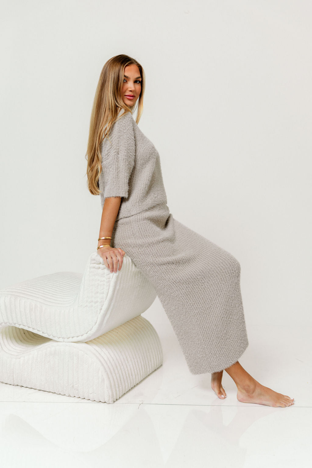 Clarissa Fuzzy Top and Midi Skirt Set in Stone
