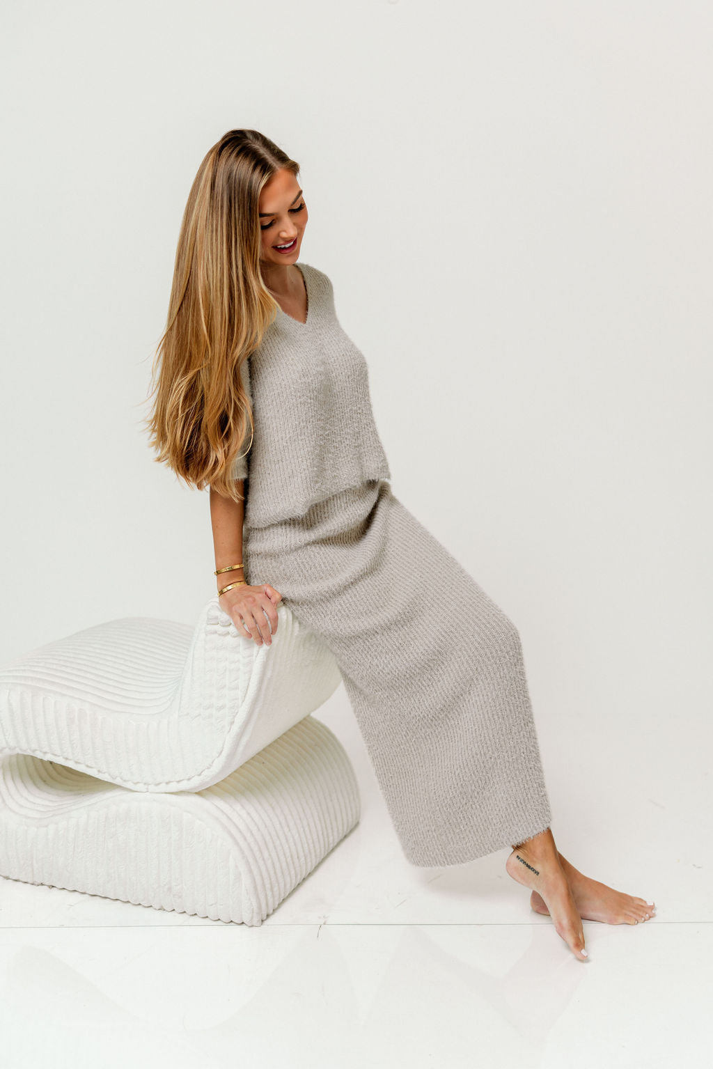 Clarissa Fuzzy Top and Midi Skirt Set in Stone