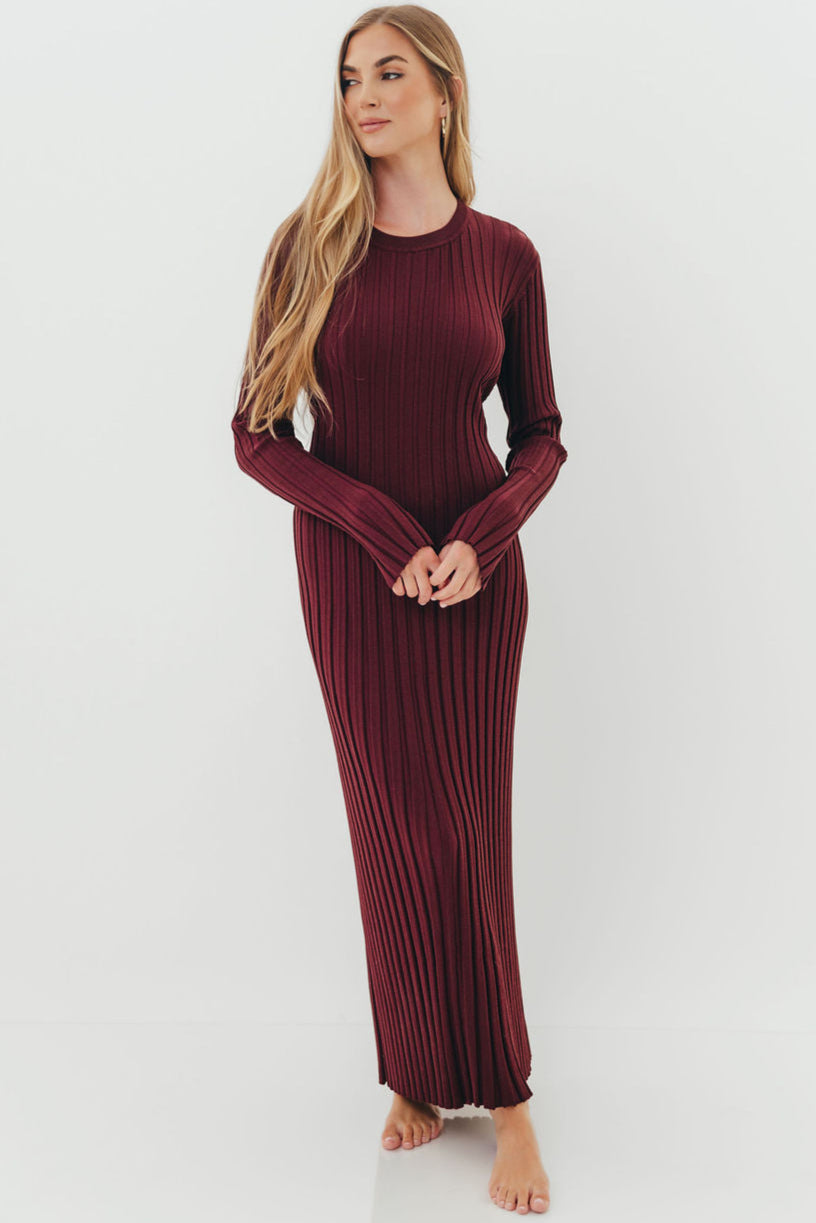 Colette Premium Long Sleeved Ribbed Knit Maxi Dress in Burgundy - Bump Friendly *Final Sale*
