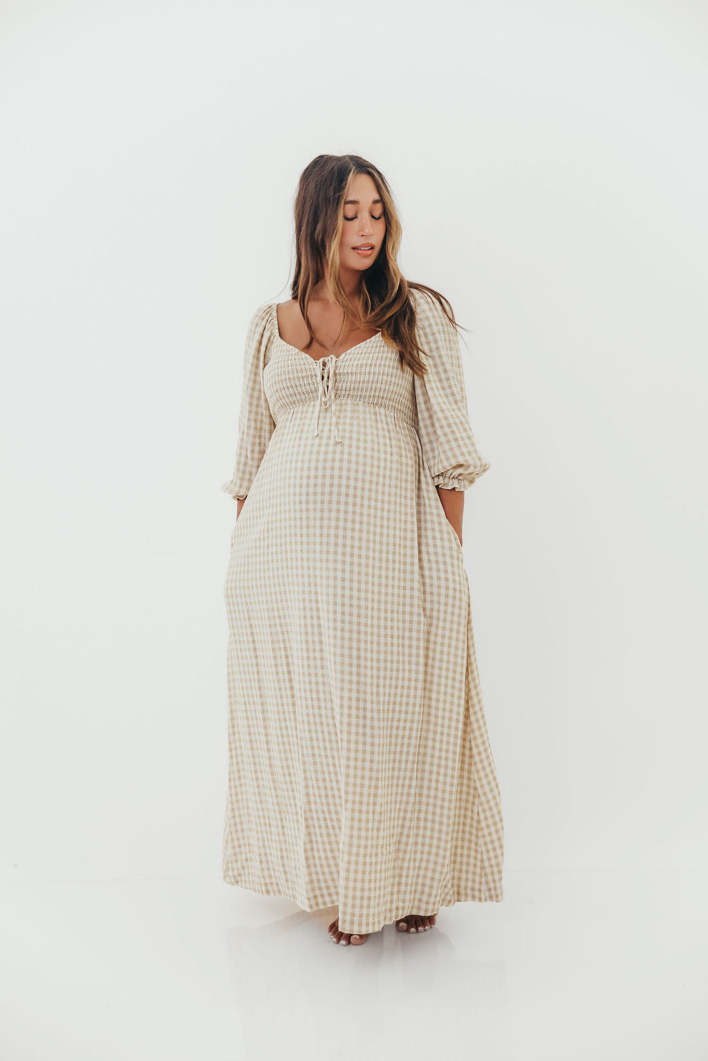 Cecilia 100% Cotton Smocked Maxi Dress in Natural Plaid - Bump Friendly