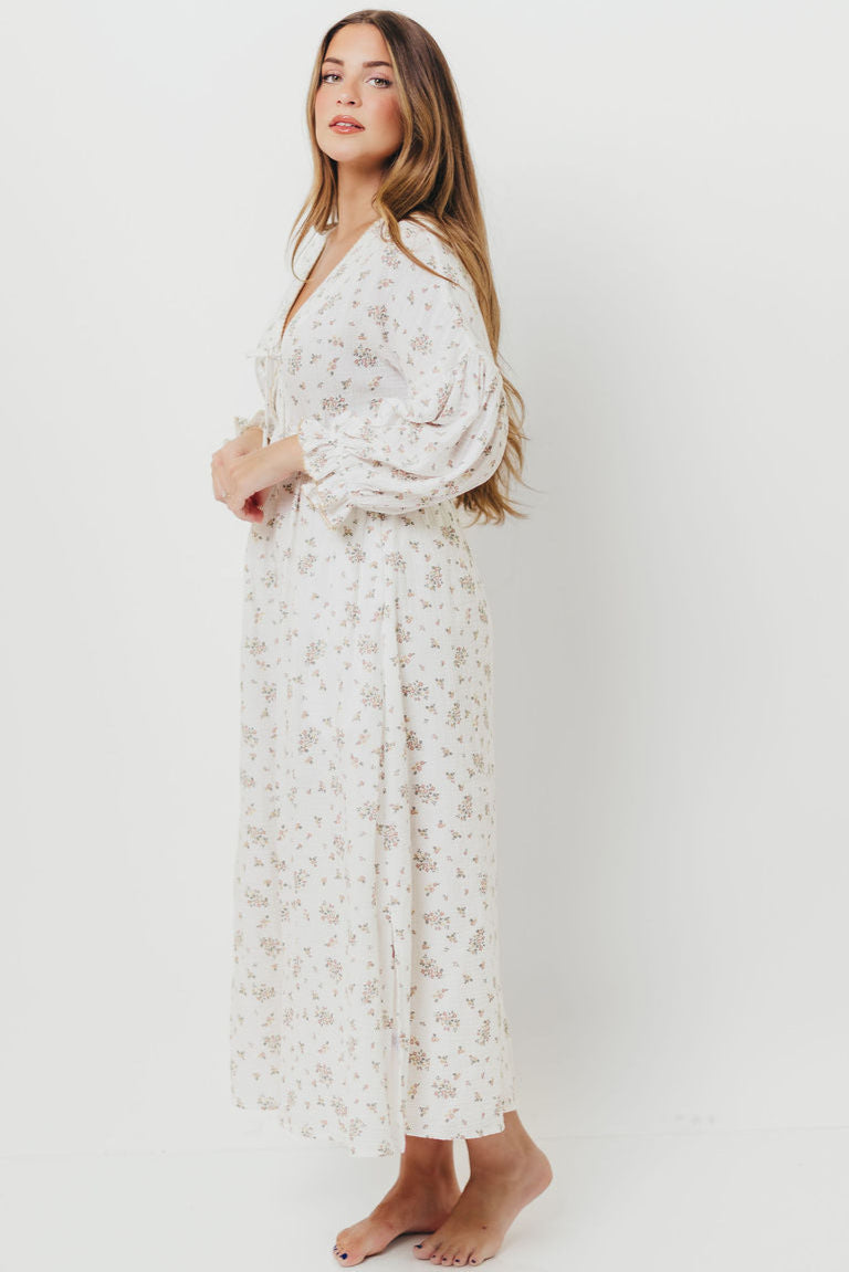 Hunter 100% Cotton Gauze Maxi Dress with Detail Trimming in Ivory Pink Floral - Bump Friendly and Inclusive Sizing